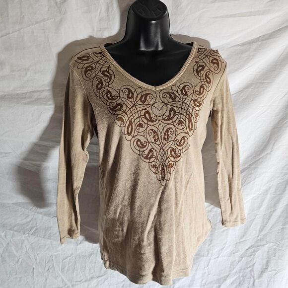 Vintage y2k grunge boho indie 3/4 sleeve tan blouse - Picture 2 of 4